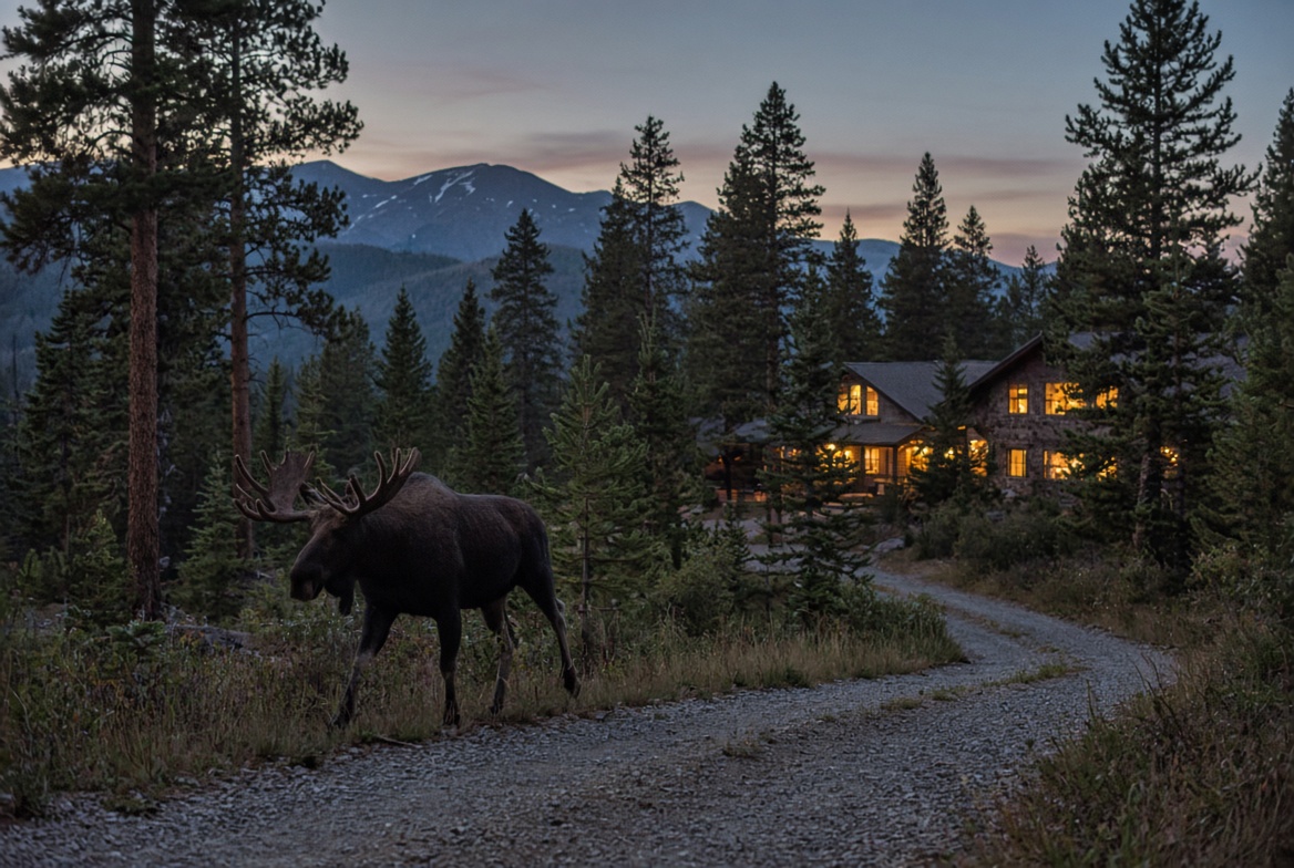 Moose near cabins